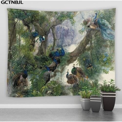 Animal Tapestry Wall Hanging Peacocks Tropical Palm Plant Flower Pattern Bohemian Tapestries Bedroom Decor Yoga Mat Sofa Blanket