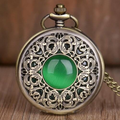New Retro Vintage Green Stone Pocket Watches Necklace Chain Quartz Pocket Watches Women Ladies Bronze Pendant Retro Chain Gifts