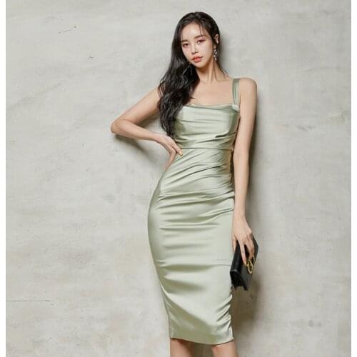 New Fashion Summer Skinny Midi Party Club Dress Ladies OL Elegant Satin Sexy Strap Sleeveless Split Folds Acetate Bodycon Dress