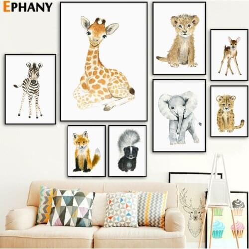 Nursery Posters and Prints Watercolor Animal Canvas Painting Elephant Zebra Giraffe Leopard Lion Baby Kids Room Decor Wall Art