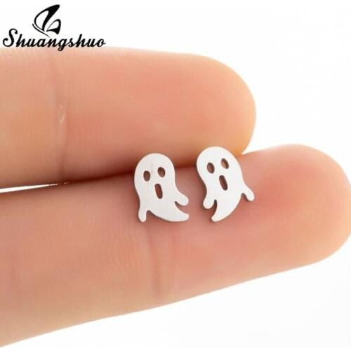 Shuangshuo Simple Creative Halloween Ghost Stud Earrings for Women Cartoon Small Stainless Steel Earrings Christmas Jewelry Gift