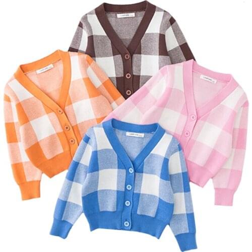 Baby Sweater 1-6 Yrs Boys Girls Sweaters Cardigans Autumn Causal Toddler Long Sleeves Knitwear Jackets Grid Children Knit Tops