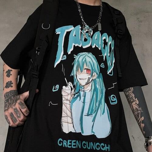 Y2k Gothic Loose black Harajuku Anime and letter Print women tee Summer Kawaii Women Punk Short Sleeve Vintage T-shirt Grunge
