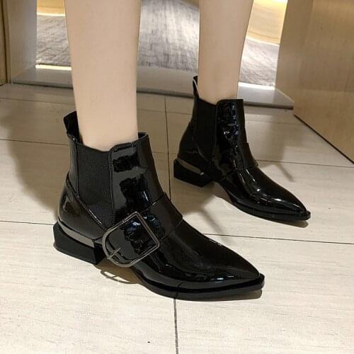 2021Autumn Fashion Women Chunky Heels Boots Punk Patent Leather Ankle Boots Elegant Ladies Buckle Deco Plush Short Black Boots