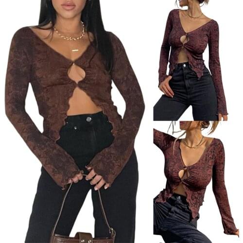 Women’s Casual Long Sleeve Cardigan Vintage Printing Metal Hook Exposed Navel T-shirt