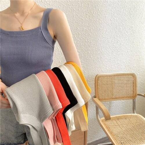Spring and Summer New Knitted Small Sling Womens Solid Color Slim Sexy Short Knitted Vest Top Women