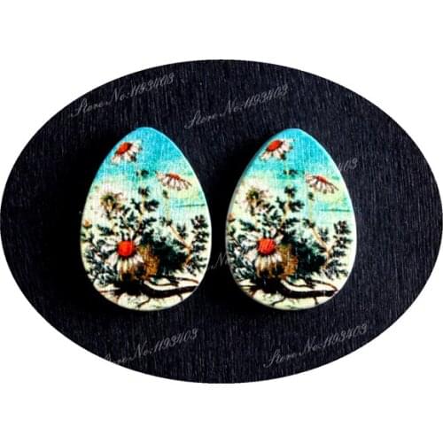 13x18mm Flower Tear Drop Shape Painted Wood Laser Cut Cabochon to make DIY Rings, Earrings, Brooch, Necklace pendant