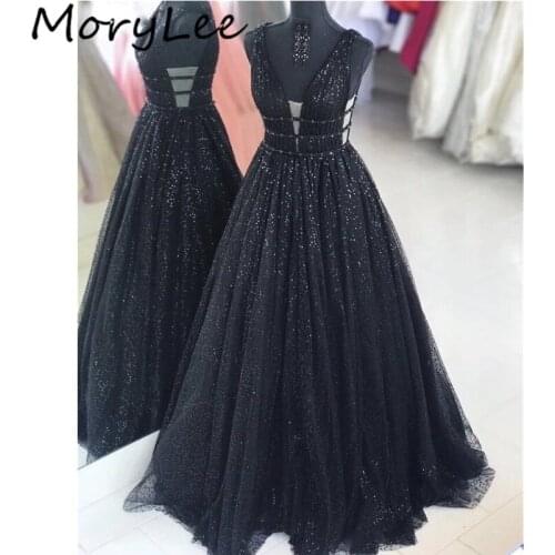 Sequins Evening Dresses Shining V-Neck Sleeveless A-Line Crystal Beaded Soft Tulle Evening Dresses vestidos de fiesta de noche