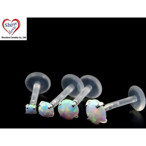 Showlove-1pcs Sparkling Prong set Opal Gem Flexible Bioplastic Labret Monroe Lip Ring Tragus Cartilage Piercing Bar Body Jewelry