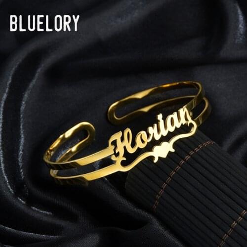 Bluelory Customize Stainless Steel Nameplated Women Cuff Bracelets High Quality Gold 2-layers Name Bangles For Birthday Gift