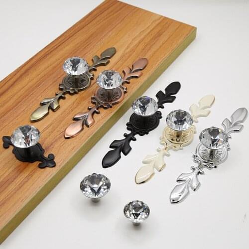 Crystal Glass Cabinet Door Handle Diamond Wardrobe Drawer Knob Furniture Hardware Decoration Single Hole Green Bronze Base