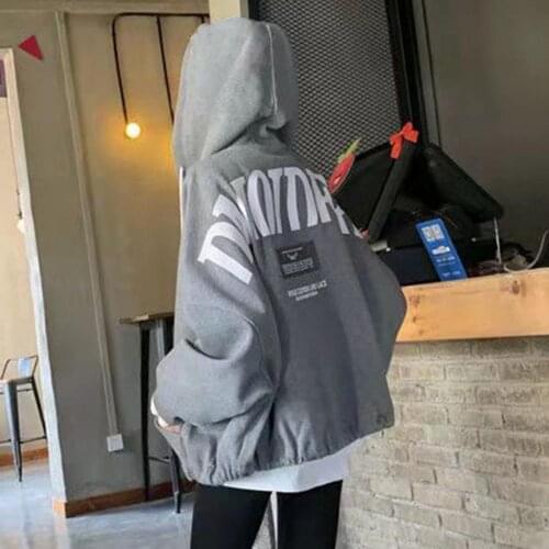 Autumn Women Long Batwing Sleeve Letters Print Plush Hoodie Zipper Loose Coat