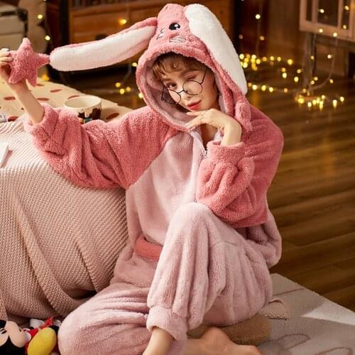 Woman Sleepwear Winter Pyjamas Plush Nonopnd Hooded Loose Version Video Zip Pajamas Partysu Medium Style Thicken Packed Trend