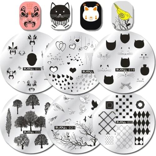 WAKEFULNESS 1Pcs Round Nail Stamping Plates Mask Cat Birds Image Stencils for Nail Art Stamp Manicure Template Tools