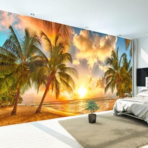 Custom 3D Sunrise Sea View Coconut Tree Wall Cloth Decor Murals Wallpaper Living Room Bedroom Restaurant Backdrop Wall Coverings