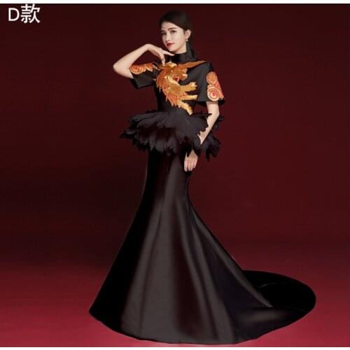 Oriental Women Evening Party black Vestidos Trailing Female Cheongsam Elegant Qipao sexy modern Mermaid Gown