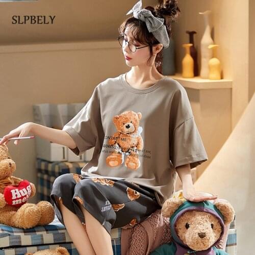 SLPBELY Women Pajamas Set Homewear Summer Kawaii Cartoon Bear Short Sleeve Sleepwear Nightwear Cute Homesuit Pyjamas Nightcloth