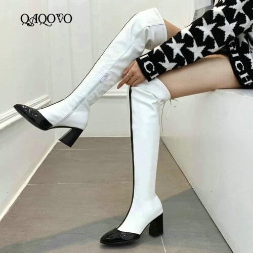 2019 Autumn Winter Women Over The Knee Boots Fashion Zipper Thigh Boots Ladies Square Heel Pointed Toe Shoes Women White Red