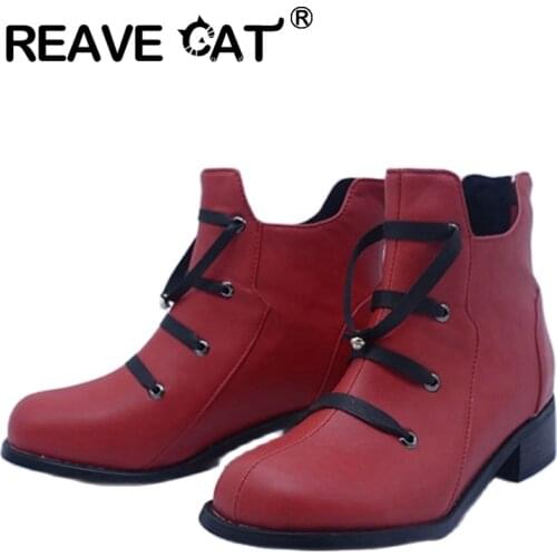 REAVE CAT 2021 Spring Autumn Ladies Ankle Boots Retro Leisure Round Toe Zip Lace Up 4CM Square Heel Shoes Size 33-44 Red A4501