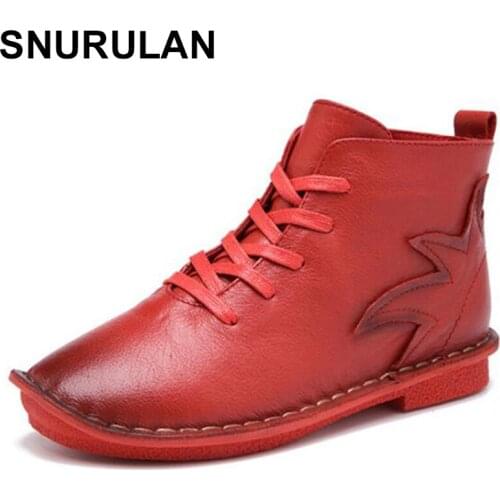 SNURULAN 2017 Winter New fashion women Handmade genuine leather shoes flats Ankle boots for women national style casual Women