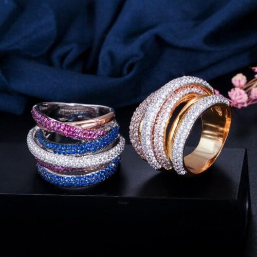 Rose Gold Silver 3 Tones Color Finger Ring Multi Layers Cross Ring Paved Aaa Zircon Stone for Women Paty Wedding Best Gift