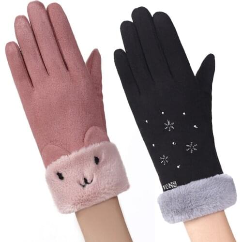 Winter Female Warm Suede Leather Cartoon Bear Sport Cycling Mitten Women Double Thick Plush Wrist Touch Screen Driving Glove