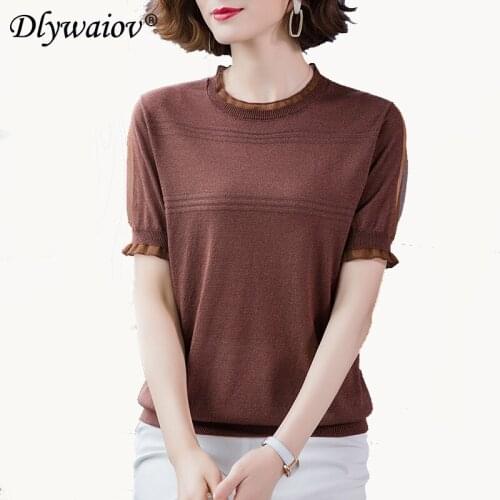 2021casual Mesh splice T-shirt womens top Knitted Silver wire pullover Tshirts women Short sleeve T shirt Female clothes summer