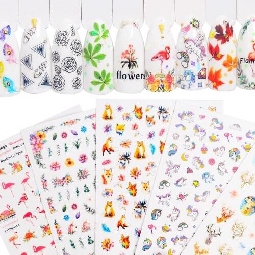 5pcs/set Nail Sticker Geometric Flamingo maple leaf animal Leaf Flower Nail Art Decal Manicure Decorations