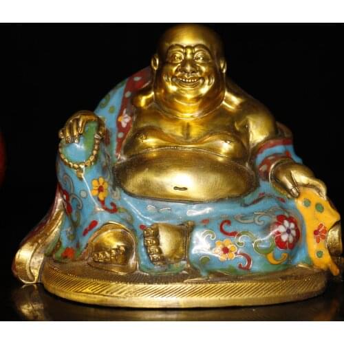 8"Chinese temple collection Old Bronze Cloisonne Enamel Gold bag Maitreya Big belly buddha Ornaments Town House Exorcism