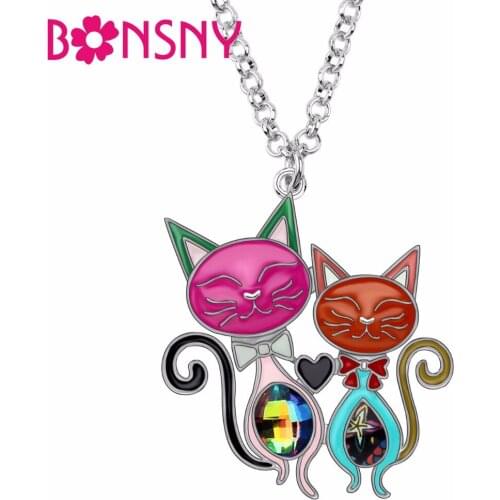 Bonsny Enamel Alloy Rhinestone Double Cat Pendant Chain Choker Fashion Animal Jewelry Necklace For Women Girls Accessories Gift