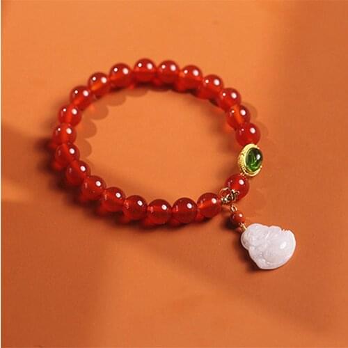 Handmade Lucky Bracelet For Women Men 8mm Red Agate Beads White Buddha Bodhisattva Pendant Red Braslet Yoga Meditation Jewelry