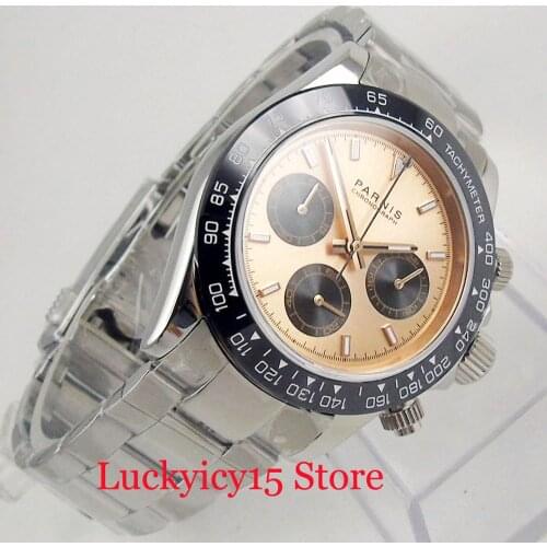 Business Style Orange Dial Sapphire Glass Chronograph Function Mental Strap 39mm Wristwatch Quartz Mens Watch