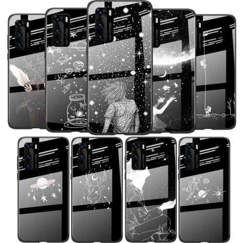 Tempered Glass Cover White Flower Moon Stars For Huawei P40 P30 P20 P10 Pro Plus Lite 5G 2019 Shockproof Shell Phone Case