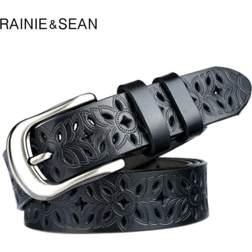 RAINIE SEAN Black Women Belt Genuine Leather Cowskin Jeans Belt Cowhide Emnossed Vintage Ladies Pin Buckle Belt 110cm