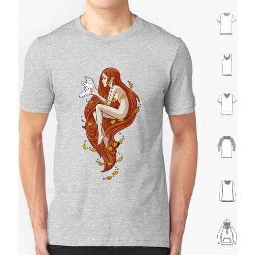 Kitsune T Shirt 6xl Cotton Cool Tee Cute Little Girl Fox Mask Kitsune Leaves Magic Mythology Hair Autumn Fantasy Vector Anime