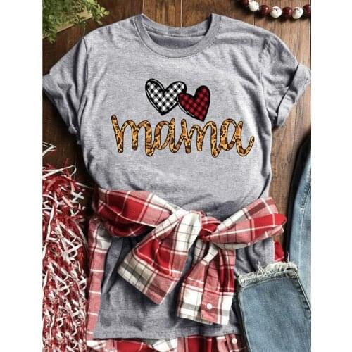 Plaid Leopard Printed Heart Mama T-shirt Aesthetic Women Graphic Mom Life Tshirt Fashion Ladies Hipster Motherhood Tees Tops