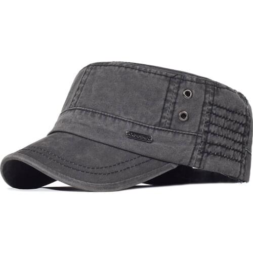 Men Washed Cotton Military Hats Adjustable Cadet Army Caps Unique Design Vintage Casual Flat Top Cap with Air Hole Black