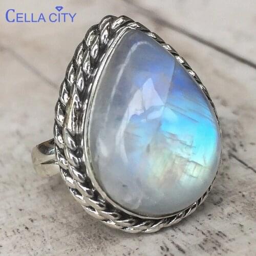 Cellacity Classic Silver 925 Jewelry Rings for Women Large Gemstones Water Drop Shaped Moonstone Trendy Punk Style Accessory