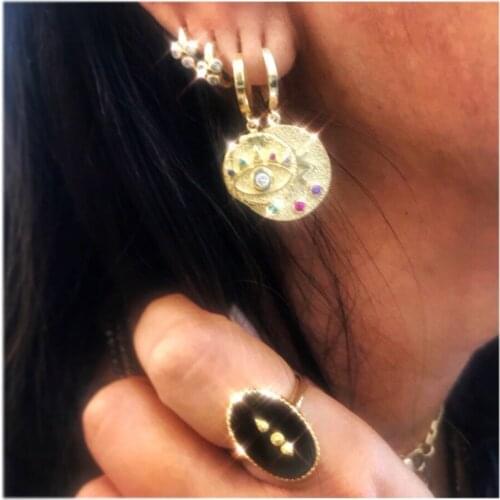 Round coin gold earring for women rainbow cz colors engraved lucky eye Bohemia fashion jewelry