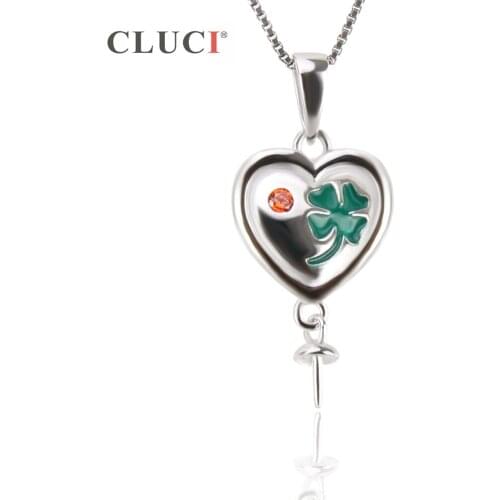CLUCI 925 Sterling Silver Green Clover and Red Zircon Pendant Setting to stick 7mm pearl for women pearl necklace making SP213SB