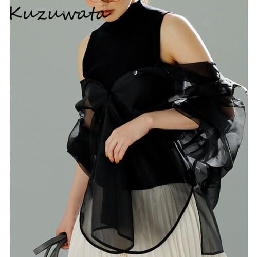 Kuzuwata O Neck Sleeveless Knitted Shirts Thin Button Blusas 2021 Spring Summer New Fashion Design Japanese Two-piece Blouses