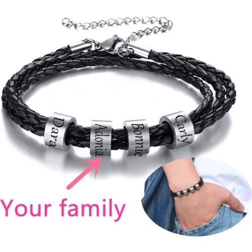 Men Free Custom Personalized Name Beads Bracelet Adjustable Multilayer Braided Rope Stainless Steel Beaded Bracelets Family Gift