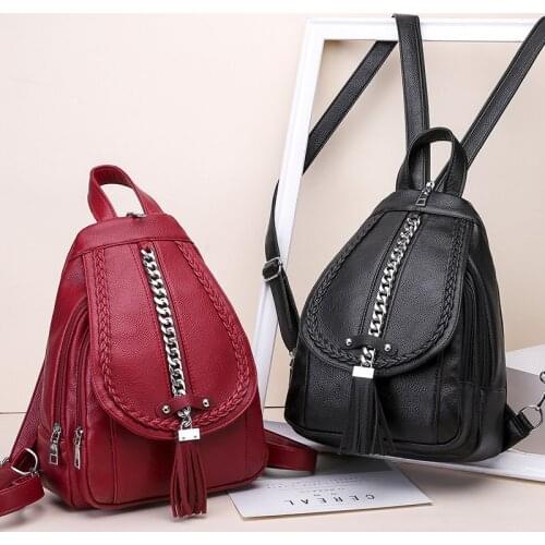 2021 New Women Leather Backpacks tassel for women BackPack Ladies Travel Bagpack For Girls Metal chain Solid color
