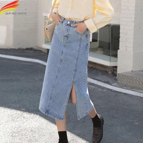 New 2021 Summer High Waist Women Long Denim Skirt Blue Navy Blue Side Slit A Line Jeans Skirts Streetwear Saia Jeans Maxi Skirts