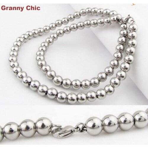 Granny Chic 6mm 7"-40" Fashion Men Womens Silver Tone Stainless Steel Round Ball Beads Necklace Handmade Jewelry