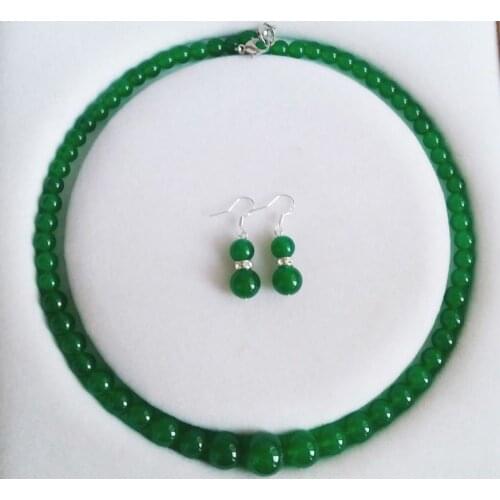 6-14mm Natural Green jade Round Beads Necklace Earrings Jewelry Set 18" AAA