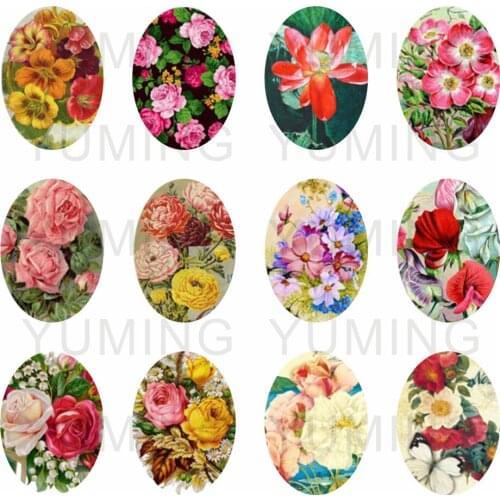 Glass Cabochone Oval Decorative Piece Necklace Earring Wine Bottle Pendant Fridge Magnet Making Accessories Flower Pattern