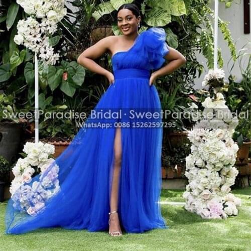 Royal Blue Tulle Bridesmaid Dresses With High Split A Line One Shoulder Long African Women Bridal Party Maid Of Honor Dress