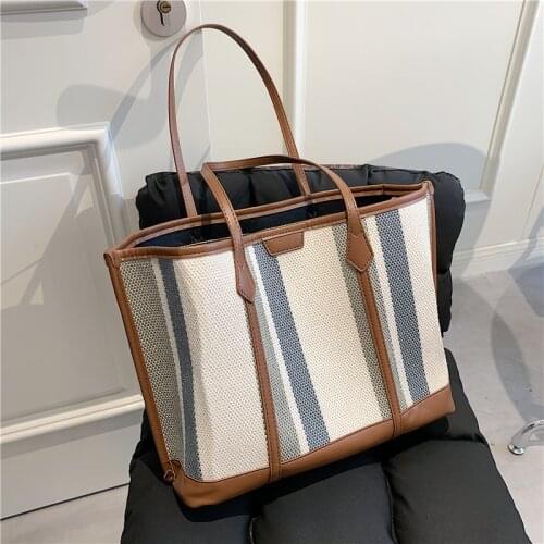 Trendy Stripe Canvas Large Shopper Tote Bags For Women Unique Design Multicolor Patchwork Work Female Shoulder Bags Summer 2021