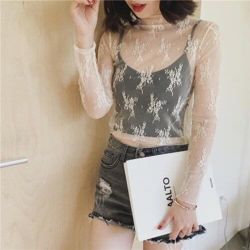 Sexy Lace Floral Embroidery Blouses Shirt Women Elegant Transparent Mesh Blouses Long Sleeve Tops Summer Chemise Clothing